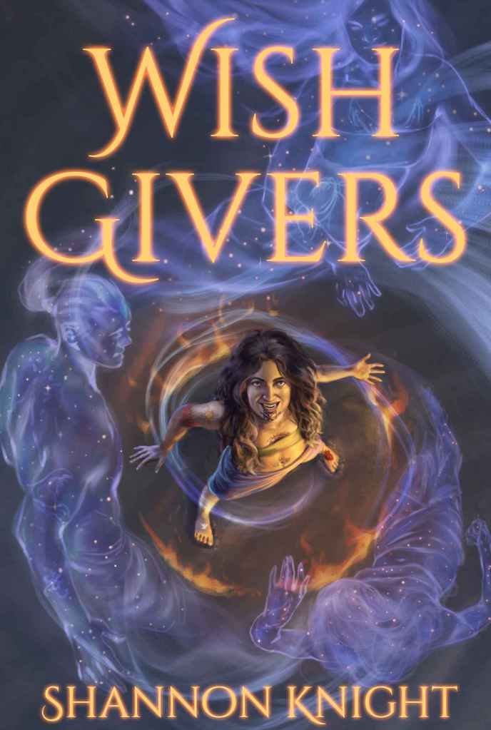 Wish Givers by Shannon Knight. Cover art by Elizabeth Peiró. The image shows a tattooed, Polynesian woman with long, brown hair smiling up at the viewer. She is wearing a bandeau and pareu. The perspective is extreme, looking almost straight down on the woman. She is surrounded by a ring of fire and an upward spiral of sparkling, violet ghosts whose clothes and tattoos match the woman's in style.
